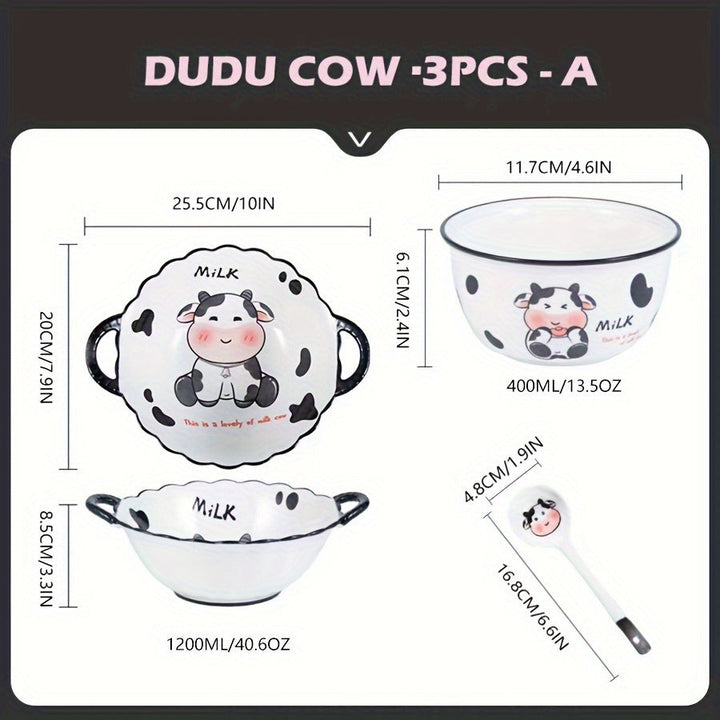 Juego de vajilla de cerámica moderna con lindo diseño de vaca de dibujos animados, platos y cuencos redondos con temática animal, adecuado para residencias universitarias y estudiantes universitarios - Juego de 3/4 piezas