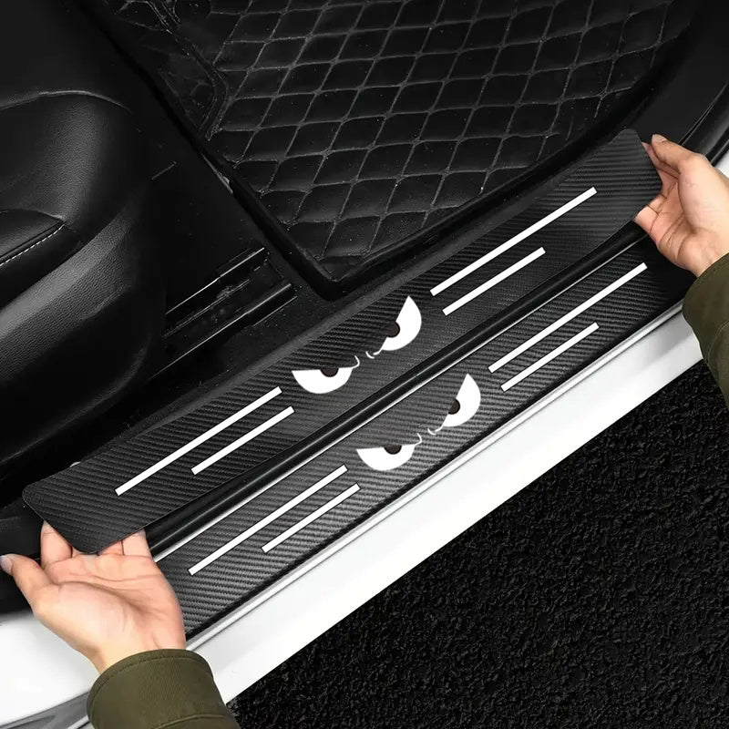 9 piezas de protector para umbral de auto con diseño de ojo de diablo, resistente a rayones y antideslizante, instalación con adhesivo, apto para todos los autos - negro con franjas blancas, protección para umbral de auto | decoración de auto elegante |