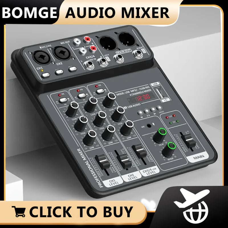 Consola de Mezcla BOMGE Profesional 4 Canales con Interfaz USB, Compatible con MP3 y Entrada de Computadora, Ideal para Estudio, Streaming en Vivo, Grabación y Podcasting