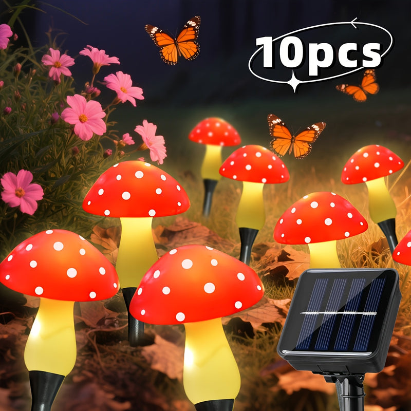 10 Luces Solares de Champiñón, Luces para Jardín Exterior. Se apagan automáticamente durante el día y se encienden por la noche. Luces solares con clasificación IPX4 y 8 modos. Ideales para verano, camping, Navidad, caminos, decoración de fiestas e ilumi