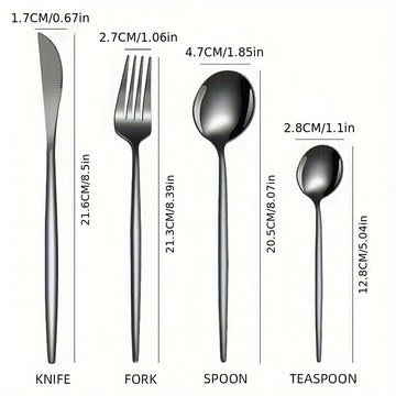 Juego de Cubiertos Elegantes de Acero Inoxidable Negro de 16 Piezas - Incluye Cuchillos para Bistec, Tenedores de Cena, Cucharas para Sopa y Postre - Diseño Elegante para Uso Doméstico y en Restaurantes