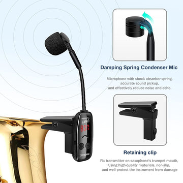Micrófono Inalámbrico para Instrumentos, Sistema de Micrófono Inalámbrico UHF para Saxofón, Trompetas, Clarinete, Violonchelo - Receptor y Transmisor