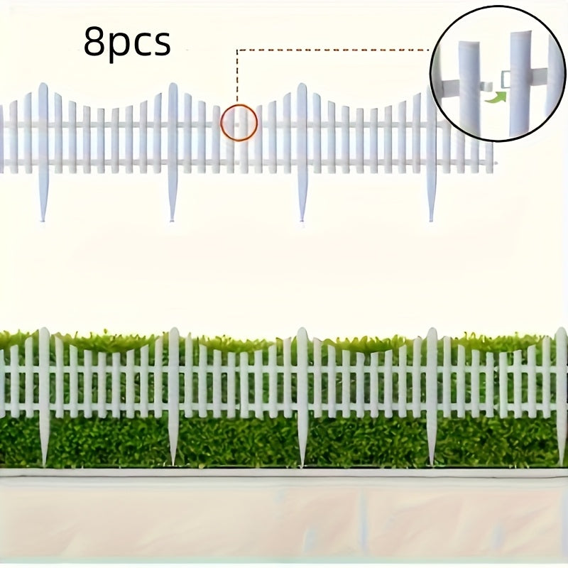 8 paneles de cerca de jardín plásticos blancos - Borde de paisaje resistente a la intemperie para céspedes, camas de flores y decoración navideña vertical, sin necesidad de energía, decoración de jardín para todas las estaciones, diseño de estacas vertic
