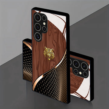 Tigre dorado elegante con patrón de textura marrón, funda de vidrio para teléfono para for samsung para for galaxy S25/S25 Plus/S25 Ultra/S24/S24 FE/S24 Plus/S24 Ultra/S23+/S23 Ultra/S22+/S22 Ultra/S20+/S20 FE/S20 Ultra/A13/A14/A16/A32/A33/A34/A53/A54/A7