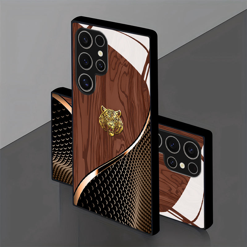 Tigre dorado elegante con patrón de textura marrón, funda de vidrio para teléfono para for samsung para for galaxy S25/S25 Plus/S25 Ultra/S24/S24 FE/S24 Plus/S24 Ultra/S23+/S23 Ultra/S22+/S22 Ultra/S20+/S20 FE/S20 Ultra/A13/A14/A16/A32/A33/A34/A53/A54/A7