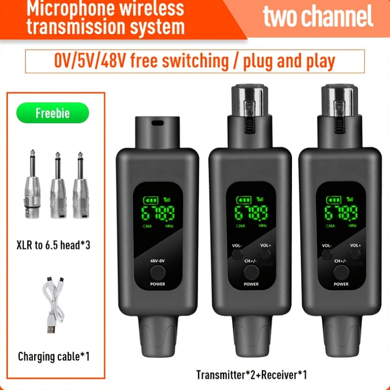 Sistema de micrófono inalámbrico con transmisor y receptor XLR, con alimentación de ilusión de 48V, para micrófono activo/conductor, sistema de altavoces, mezclador de audio, conector USB/tejido, batería de litio, voltaje de funcionamiento <36V, sin carg