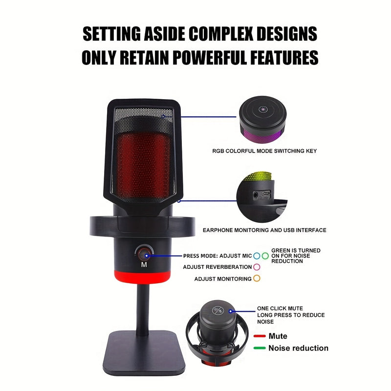 Micrófono de Juego Condensador Negro RGB de 1 pieza con Soporte para Escritorio para Computadoras y Smartphones - Ideal para Podcasting, Transmisión en Vivo y Grabación, Conexión USB-C, Brazo Ajustable, Diseño de Rejilla de Malla