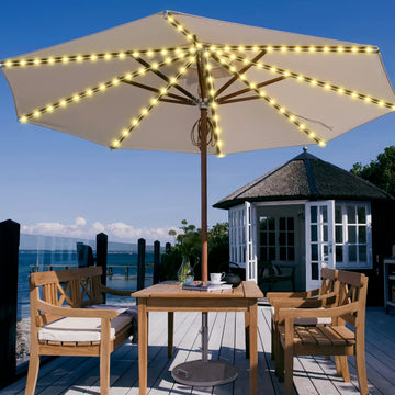 1pc Sombrilla Solar con Luz, Gran Sombrilla Rectangular para Exterior con Base y Soporte, Diseño Doble Cara con 104 Luces LED Solares, 8 Modos de Iluminación Control Remoto, Blanco Cálido para Jardín o Piscina, Beige, Incluye Batería