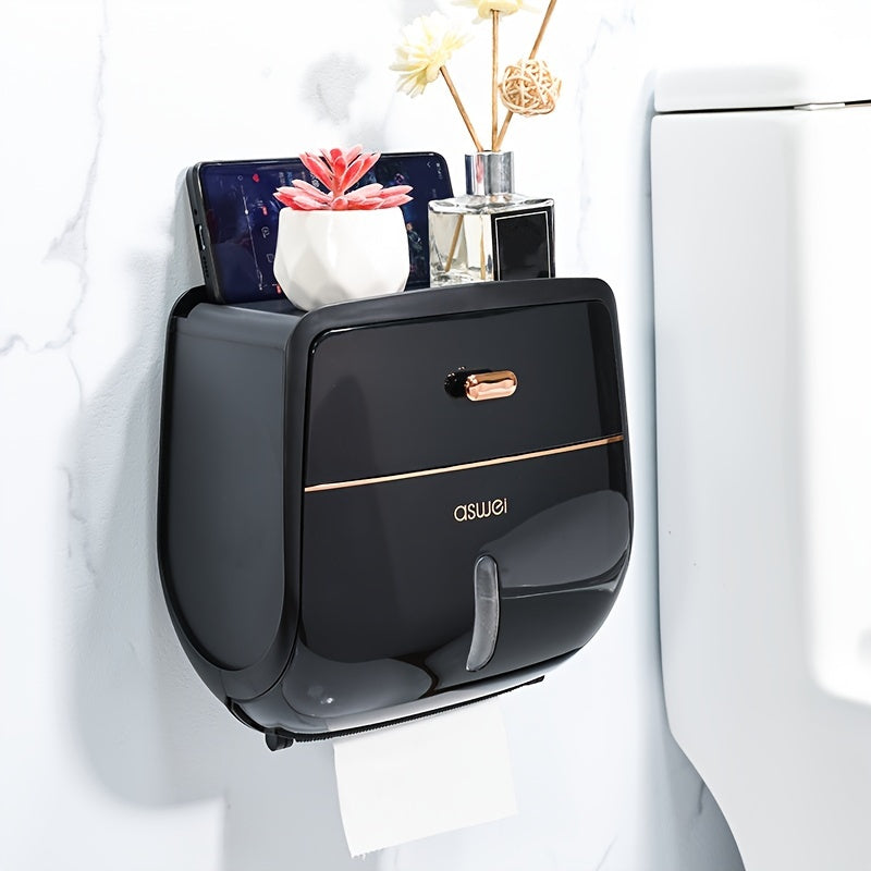 1pc Luxe Soporte de caja de pañuelos de pared, doble capa de gran capacidad, instalación sin taladro, acabado de plástico pulido, forma cuadrada, para decoración y almacenamiento de baños