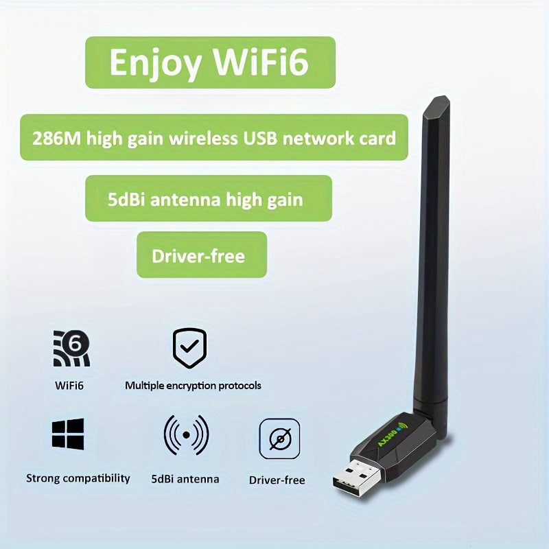 Adaptador inalámbrico WiFi 6 de 286 Mbps, USB, antena de alta ganancia de 2.4 GHz, compatible con 802.11ax, banda dual 5G/4G/3G, plug & play sin necesidad de drivers para Windows 7/10/11, SDIO 6.0, múltiples protocolos de encriptación, gran penetración y