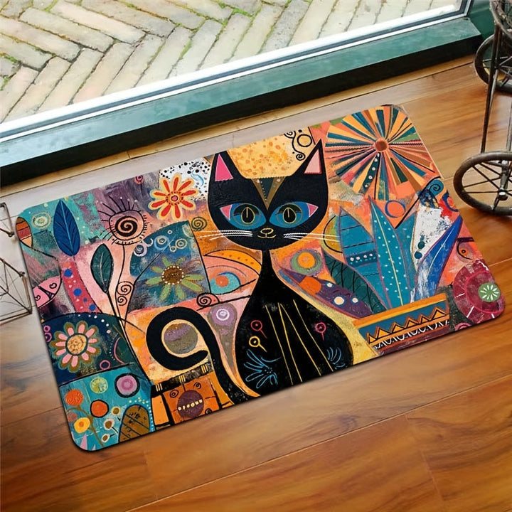 Alfombra de Entrada Decorativa de Arte Abstracto de Gato Lavable a Máquina - Revestimiento de PVC Antideslizante, Poliéster, Alfombra Rectangular para Baño, Cocina, Sala de Estar, Dormitorio