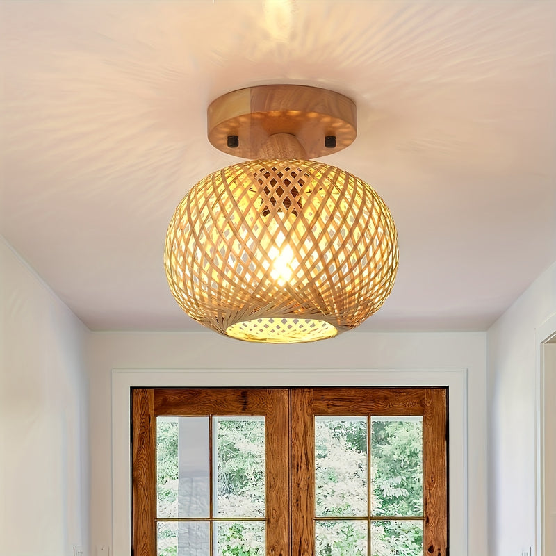 1pc Lámpara de techo de bambú tejida a mano - Estilo Bohemio, Eficiente en energía con base E26, Ideal para salón, dormitorio, cocina, pasillo, Iluminación de cocina | Iluminación de estilo bohemio | Lámpara de techo tejida a mano