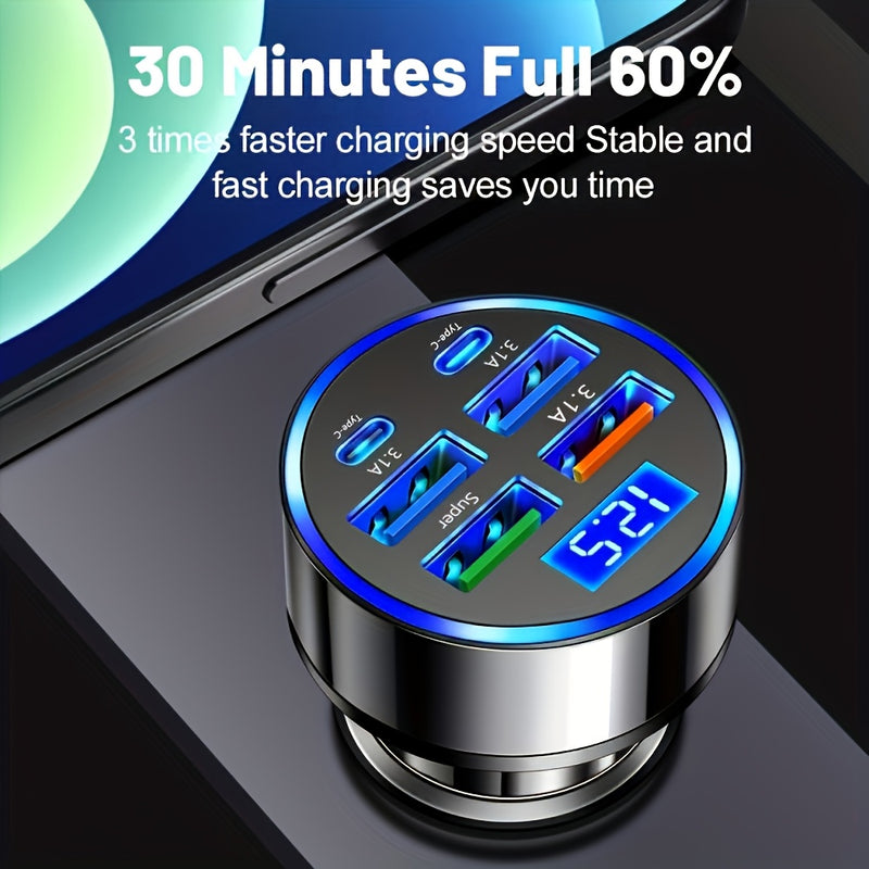 Cargador de coche con función de carga rápida, 4 puertos USB y pantalla digital, cabeza de cargador de teléfono móvil 6 en 1, adecuada para adaptador y accesorios de teléfono móvil de coche, herramienta esencial para coches, carga rápida de teléfono móvi