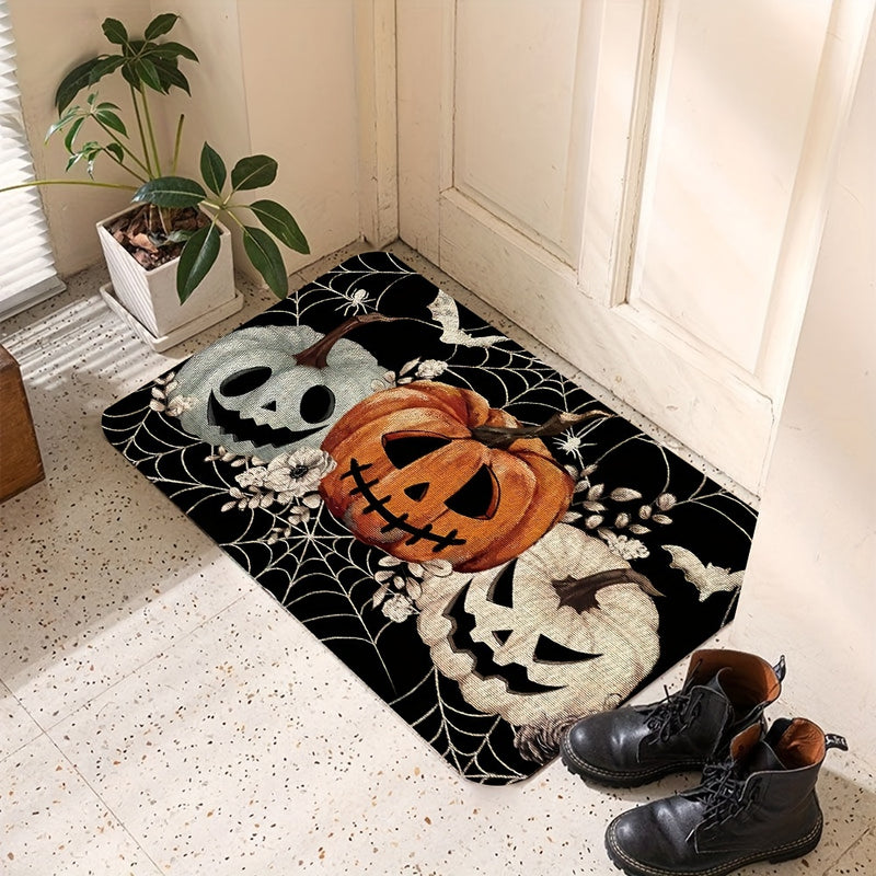 1pc Felpudo de Halloween de poliéster, diseño de telaraña de calabazas negras, felpudo decorativo de entrada espeluznante, respaldo de goma antideslizante para interiores/exteriores, rectangular, lavable a máquina, decoración de piso para el hogar y la c