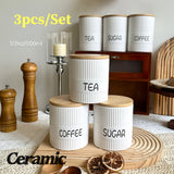 Juego de recipientes de cerámica con tapas de madera herméticas - 3 piezas de almacenamiento de cocina para harina, azúcar, café, té y especias - Decoración moderna de encimera (16,9 oz)