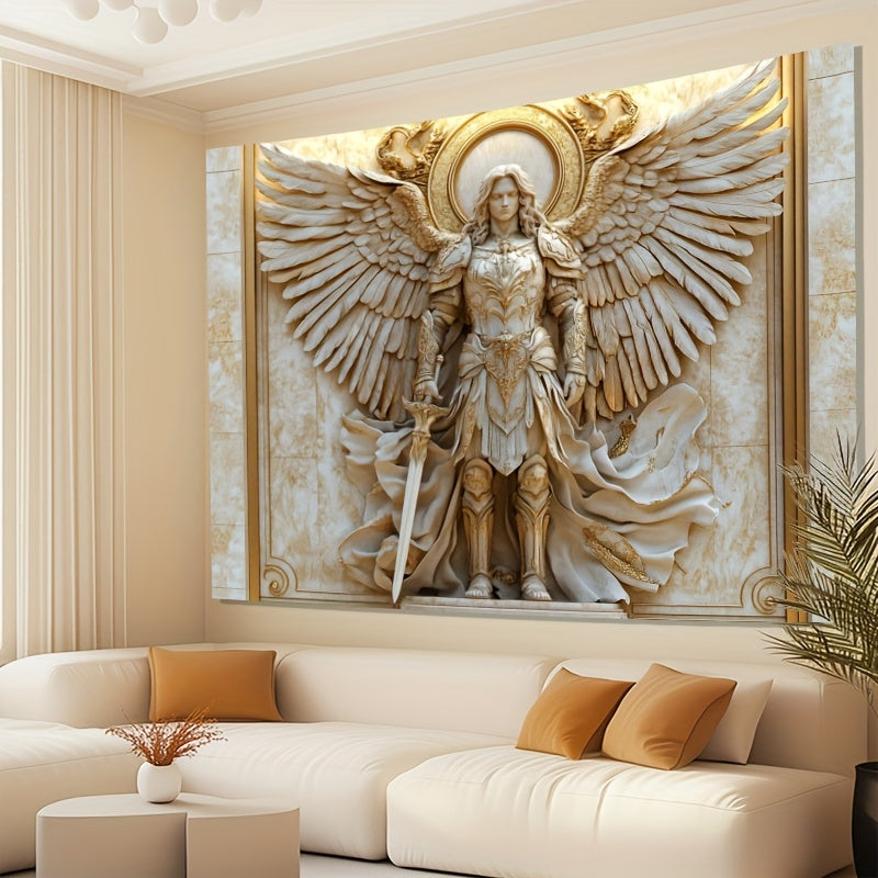 1pieza Estilo Glam Estatua de San Miguel Arcángel Telón de Tela, Ornamento de Poliéster Colgado para Salón y Decoración de Habitación, Ajuste General, No Requiere Electricidad ni Plumas
