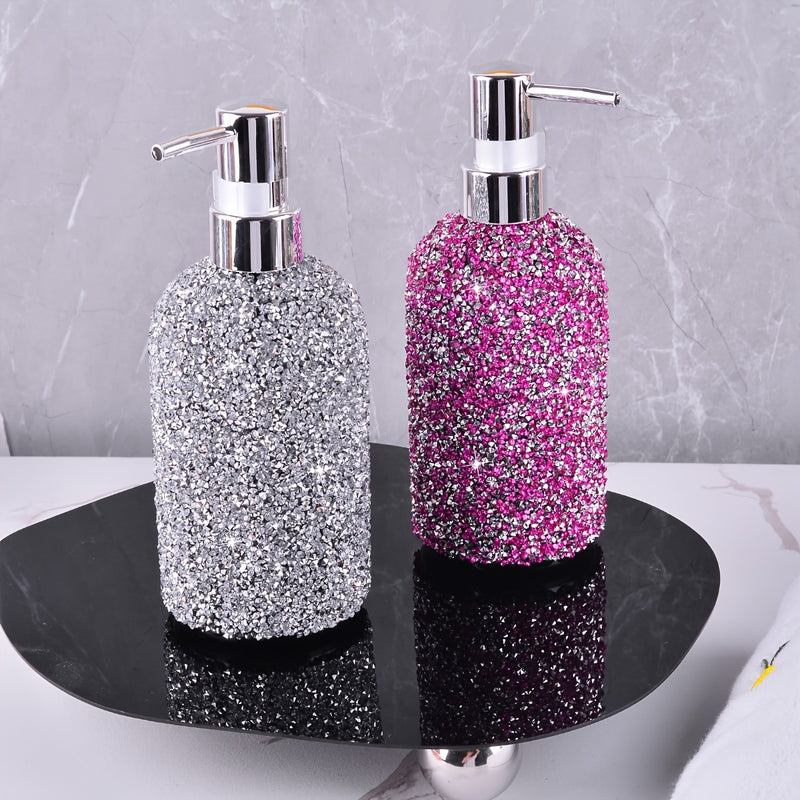 Dispensador de Jabón de 500ml con Incrustaciones de Diamantes - Tipo de Presión, Botella Recargable para Champú, Gel de Ducha y Loción - Accesorio Elegante para el Baño