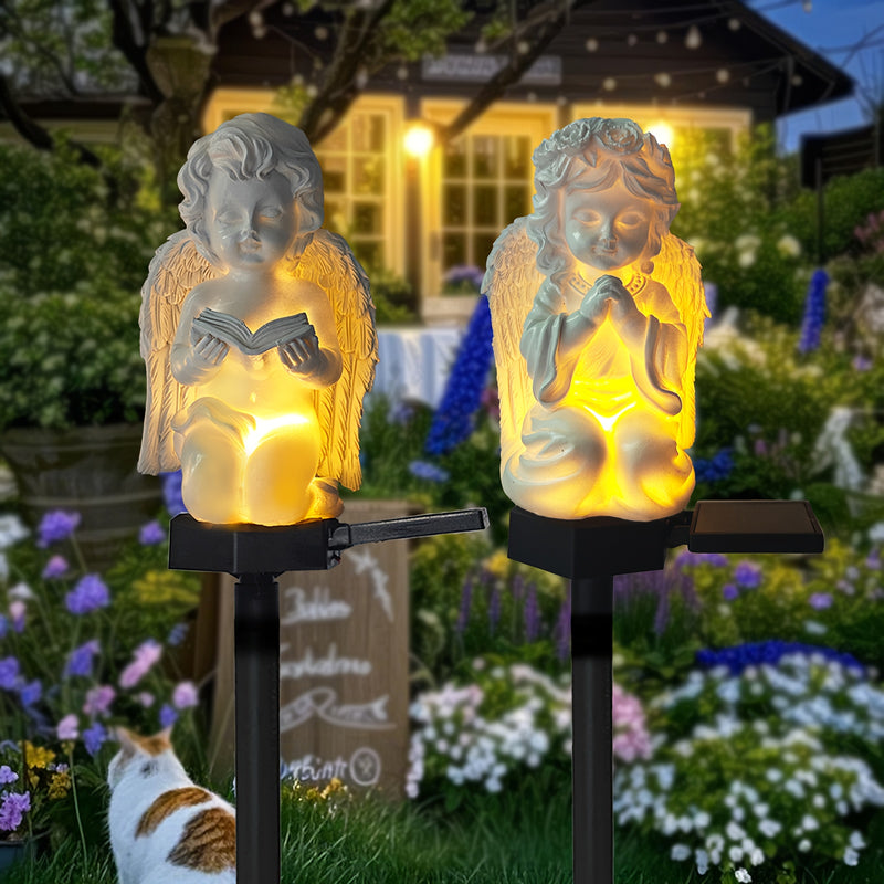 Estatua de ángel con alas de resina y vela, alimentada por energía solar, para decoración de jardín al aire libre, iluminación de césped para patio, sendero o jardín, figura de bendición eficiente en energía para niños y adultos, decoración de jardín sol