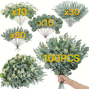 100 Piezas de Hojas Artificiales de Eucalipto Mixtas, 4 Tipos de Ramas de Eucalipto Plateado, Tallos Falsos para Arreglos Florales DIY, Decoración del Hogar Interior y Exterior