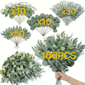 100 Piezas de Hojas Artificiales de Eucalipto Mixtas, 4 Tipos de Ramas de Eucalipto Plateado, Tallos Falsos para Arreglos Florales DIY, Decoración del Hogar Interior y Exterior