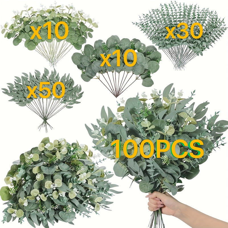 100 Piezas de Hojas Artificiales de Eucalipto Mixtas, 4 Tipos de Ramas de Eucalipto Plateado, Tallos Falsos para Arreglos Florales DIY, Decoración del Hogar Interior y Exterior