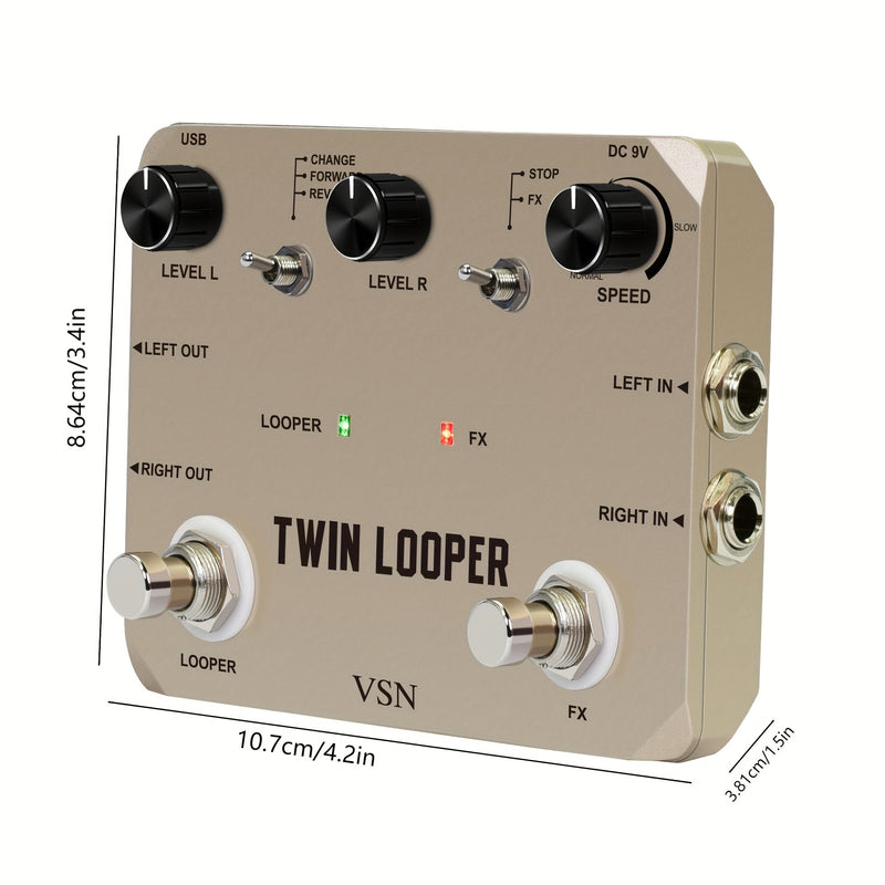 VSN TWIN LOOPER Pedal de efectos de guitarra, True Bypass, señal analógica de alta calidad, alimentado por USB, con bucle de 10 minutos, sobrescritura infinita y deshacer, controles de velocidad y reversa, función de bucle dual, interfaz de botón y peril