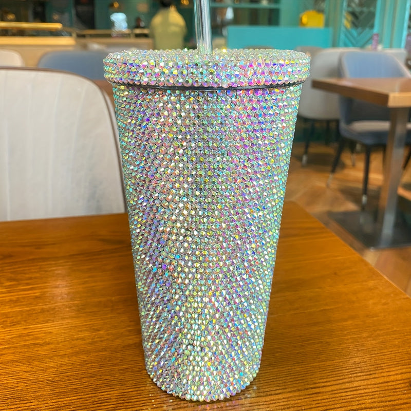 1pc, Vaso Con Tapa Y Pajita Con Incrustaciones Brillantes, Botella De Agua De Acero Inoxidable 304, Tazas De Agua Con Aislamiento Al Vacío De Doble Pared, Bebidas De Verano E Invierno, Accesorios De Viaje, Regalos