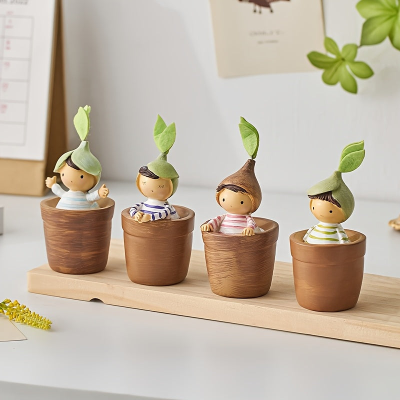 4 piezas de dibujos animados lindos de resina sentados en macetas de flores - Serie de bosque rústico, figuras decorativas para sala de estar, dormitorio, escritorio de oficina - Regalos pequeños ideales