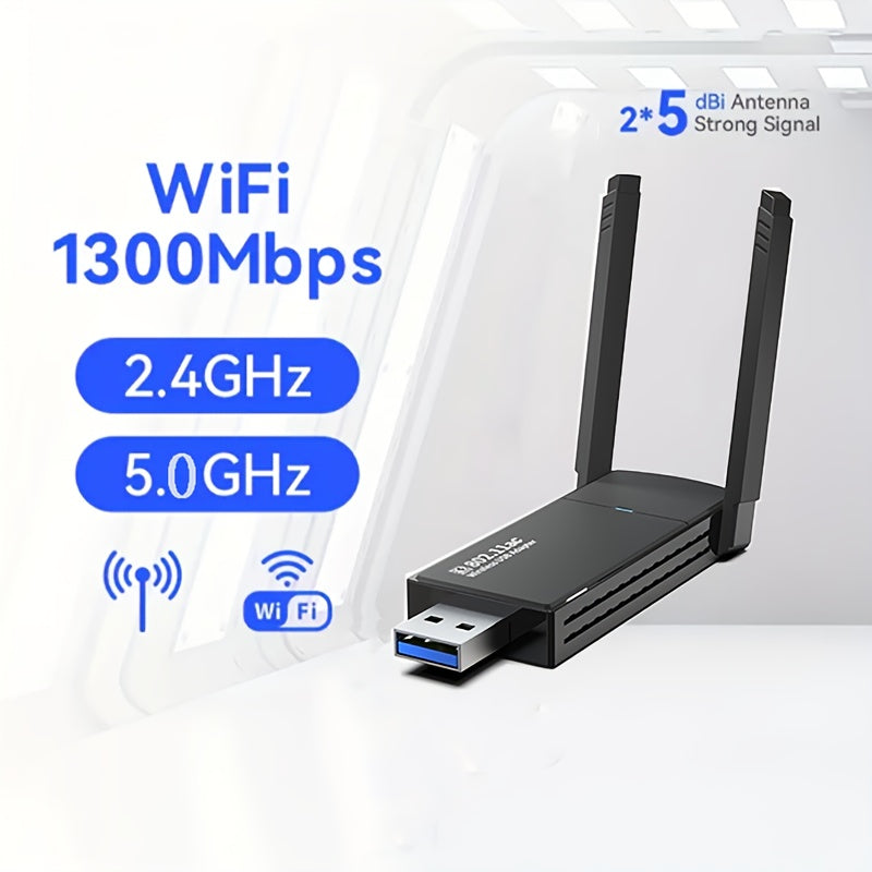 Adaptador sin varillas para PC de Escritorio Adaptador de Red USB 1300Mbps con Antena Doble Banda de Alta Ganancia Integrada 5G/2.4G - ¡Conecta y Usa inmediatamente tu PC con WiFi y función de punto de acceso móvil compatible con Windows 10/11!
