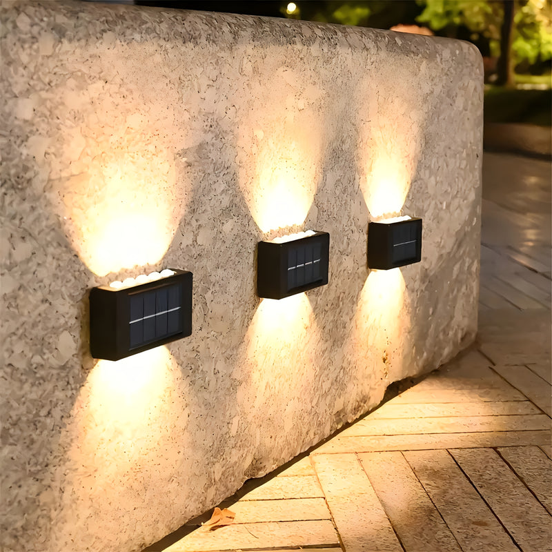 4 piezas, lámpara de pared solar convexo con luces LED 8/10/16 emitiéndose desde arriba y abajo, lámpara decorativa de pared para courtyards, lámpara de guía de atmósfera para jardines y porches, adecuada para jardines, courtyards, camas de flores y atri