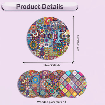Juego de 4 Manteles Individuales de Madera con Mandala - Duraderos, Resistentes al Calor, Antideslizantes y Fáciles de Limpiar - Perfectos para el Hogar, la Oficina, Fiestas y Festivales