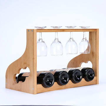 Soporte de vino de bambú de 4 ranuras con copa de madera - Soporte de vaso alto desmontable para vino tinto y almacenamiento de vidrio elegante, acabado de madera natural, perfecto para decoración de bar en casa o mesa de comedor, decoración de vino