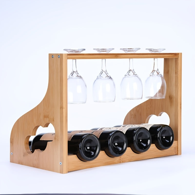 Soporte de vino de bambú de 4 ranuras con copa de madera - Soporte de vaso alto desmontable para vino tinto y almacenamiento de vidrio elegante, acabado de madera natural, perfecto para decoración de bar en casa o mesa de comedor, decoración de vino