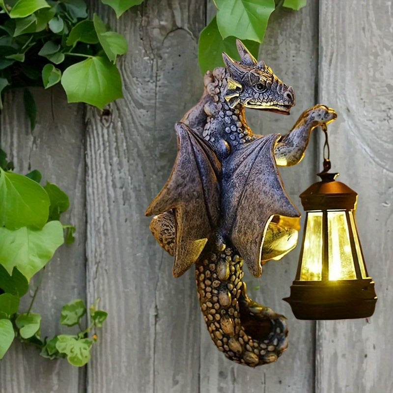 1 pieza de farol de pared solar con dragón gárgola de resina, decoración de patio al aire libre con batería de níquel de 600 mAh, tema animal, iluminación eficiente en energía, control de sensor de luz, sin control remoto, componentes fotovoltaicos, carg