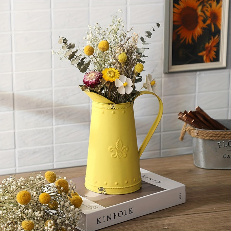 Jarrón de Hierro Amarillo Vintage - Jarra Rústica Shabby Chic con Diseño Floral, Decoración para Halloween Navidad Acción de Gracias sin Necesidad de Electricidad