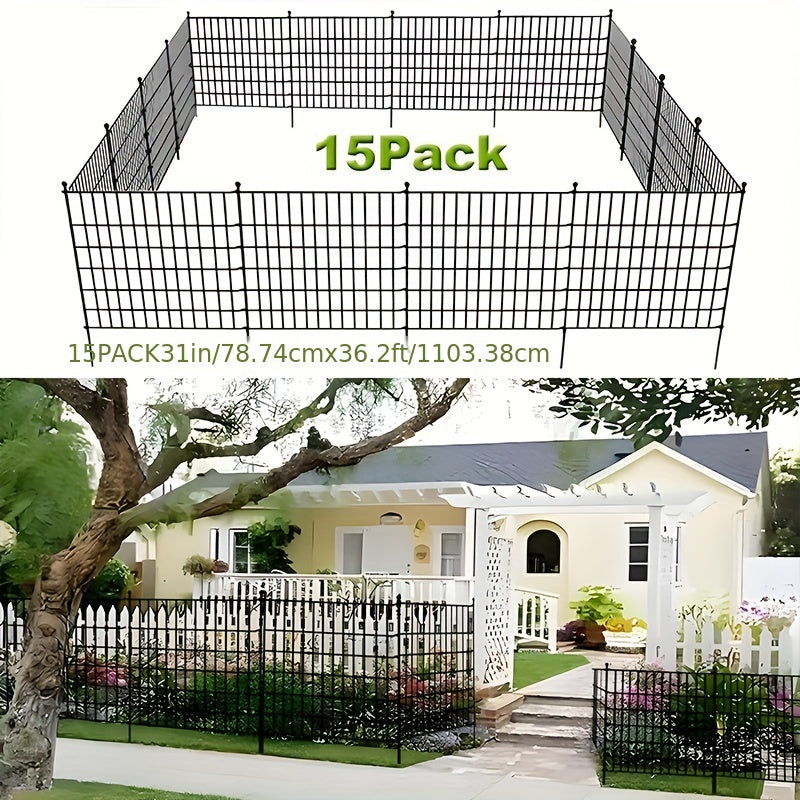 Cerca de jardín negra sin excavación, 5/10/15 paneles, 78.74 cm de alto, alambre metálico resistente al óxido con barrera para animales, ideal para perros y conejos, decoración exterior, cerca temporal para perros, estacas incluidas