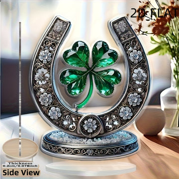 Adorno de Herradura y Trébol de Cuatro Hojas en Estilo Acrílico Cristal Plano 2D, Impresión Plana 2D, Decoración para Mesa, Decoración Hogareña Multipropósito, Sin Pilas, Ideal para San Valentín y Regalos Festivos (19.99/16.13 cm)
