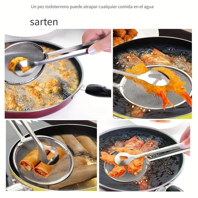 1pc Pinza Filtro de Aceite SHAON en Acero Inoxidable con Malla Fin - Cuchara y Pinza para Freír, Dumplings, Rollos Primavera - Herramienta de Cocina Duradera para Drenaje de Aceite Caliente & Seguridad al Cocinar, Mango Ergonómico, Construcción Robusta,