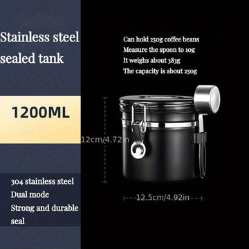 Contenedor Hermético de Acero Inoxidable Reforzado 304 Mejorado por Faridabio con Cuchara - Ideal para Granos de Café, Té y Arroz - Con Válvula de Escape Unidireccional para Mantener el Café Fresco Más Tiempo, Perfecto para Uso en Casa y Oficina