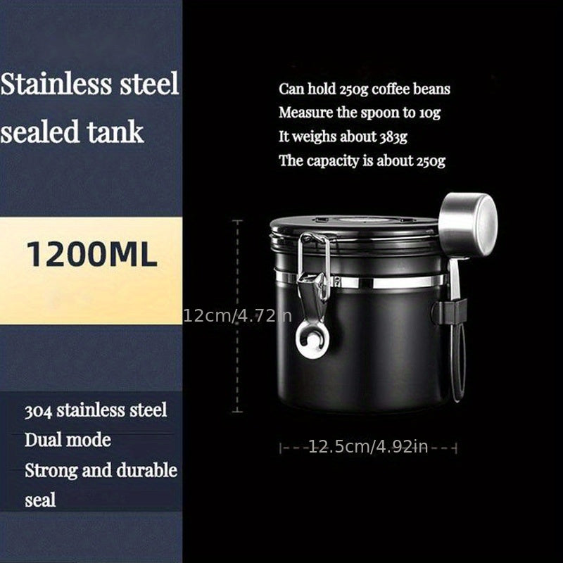 Contenedor Hermético de Acero Inoxidable Reforzado 304 Mejorado por Faridabio con Cuchara - Ideal para Granos de Café, Té y Arroz - Con Válvula de Escape Unidireccional para Mantener el Café Fresco Más Tiempo, Perfecto para Uso en Casa y Oficina