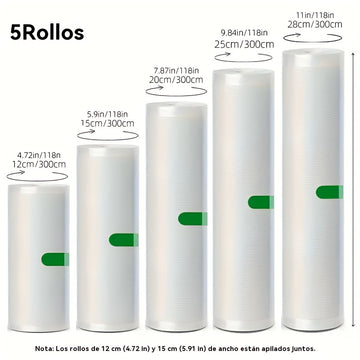Juego de 5 Rollos Selladores al Vacío Libres de BPA, Bolsas Texturizadas Duraderas y Resistentes a Perforaciones, Ancho Variado (Diversos Anchos) y 3 Metros Cada Uno, Perfecto para la Conservación de Alimentos, Sous Vide y Almacenamiento en Gran Volume,
