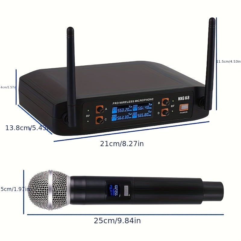 Sistema de micrófono inalámbrico profesional NXG - 4 micrófonos inalámbricos de mano, receptor portátil UHF, ideal para DJ, karaoke, actuaciones en escena, bodas y conferencias, con conector de 3,5 mm, material de resina ABS, equipo de actuación en escen