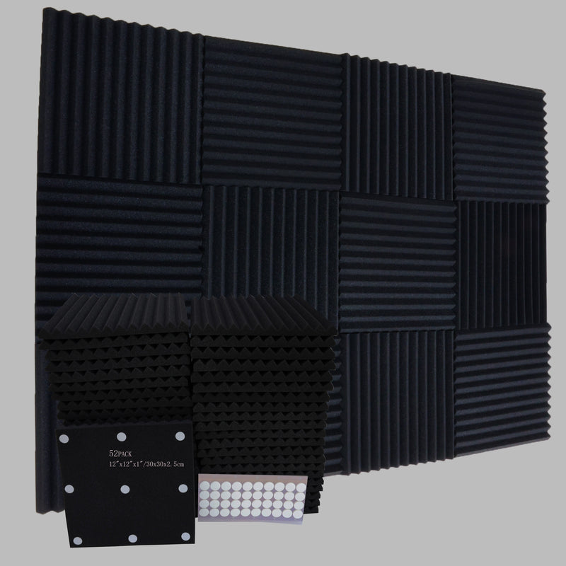 52 piezas de paneles de espuma acústica negra SMOLL, 12"x12"x1" cuña, insonorización para estudio, piano, sala de música, KTV, reducción de eco, absorción de ondas sonoras de frecuencia media-alta, cinta adhesiva nano incluida.