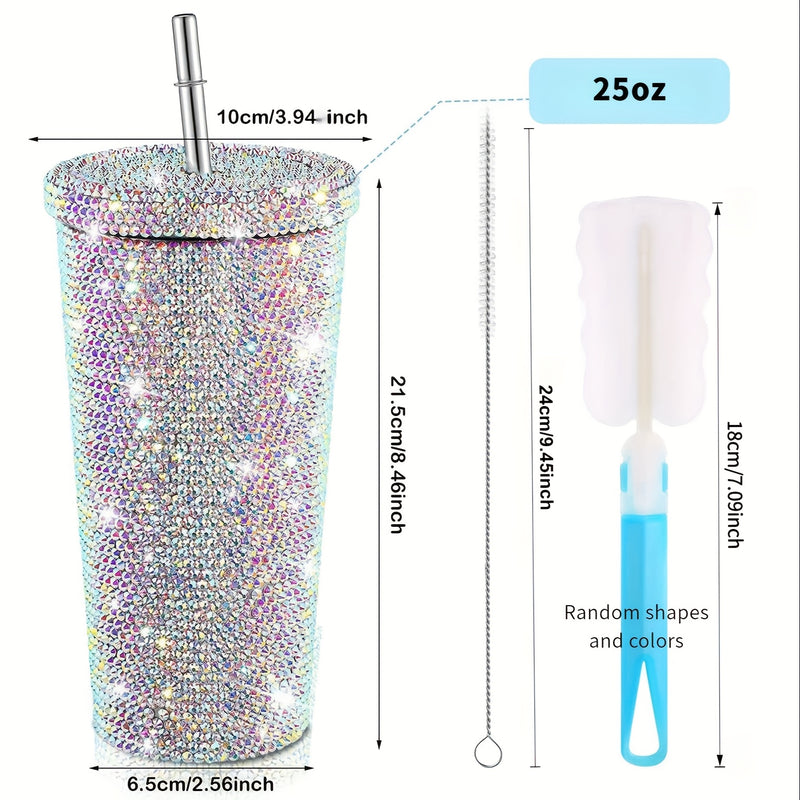 Taza de acero inoxidable aislada con piedras de imitación elegantes con caña - Diseño de doble capa, adornos de cristal vibrantes, perfecta para café o té, artículo de regalo, taza de café | Taza elegante | Vajilla de bebida duradera, taza de café