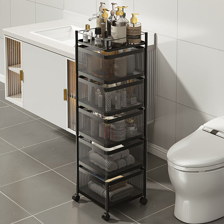 Estante metálico de 4 niveles con canastas giratorias, organizador portátil y ahorrador de espacio para cocina, baño o sala, negro, multifuncional con ruedas, estante para sala | Estante metálico moderno | Estante de malla metálica, estante de pie