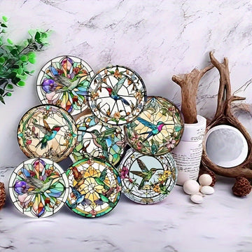 8 Piezas de Posavasos con Patrón de Vidrio Manchado de Colibrí, Antideslizantes y Resistentes al Calor para Protección de Mesas, Ideales para Tazas, Cafés, Oficinas, Cocinas, Restaurantes, Decoración o Coleccionismo Personal