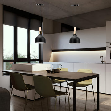 Lámpara colgante moderna de metal negro con domo de madera - Altura ajustable, montaje semiempotrado, candelabro desmontable para isla de cocina, comedor, pasillo, vestíbulo, dormitorio - No incluye bombilla, iluminación de cocina | Acabado metálico eleg