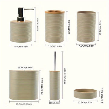 Juego de baño de 6 piezas con tapas de bambú, portacepillo de plástico, dispensador de jabón, vaso para cepillo de dientes, vaso enjuagador, jabonera, bote de basura, decoración para baño, reutilizable, de plástico y para piso