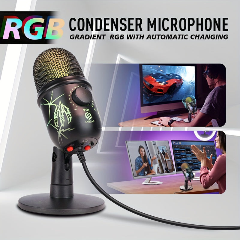 Micrófono condensador USB LMBGM con iluminación RGB, control de volumen, reducción de ruido, conector USB-C, patrón polar unidireccional, para juegos, canto, transmisiones, videoconferencias y podcasting