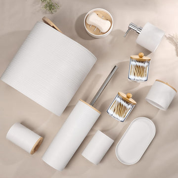 Juego de accesorios para baño de bambú, 8 piezas, con dispensador de jabón, portacepillos, vaso para cepillo de dientes, jabonera y frasco para hisopos, ideal para baño, sala, cocina o como regalo de casa nueva para familia y amigos